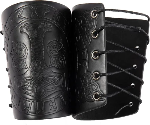 Vista 6 de Viking Leather Bracers - Medieval Guards Knight Arm LARP PU Leather Gauntlet Embossed Armor Wristband Armband Cuff