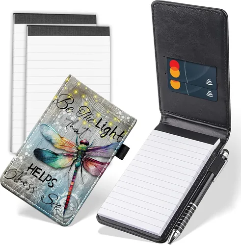 Vista 9 de Juego de 4 mini bloc de notas de bolsillo, diseño de corazón de dinosaurio, funda de piel sintética, soporte para notas con 2 ranuras para tarjetas