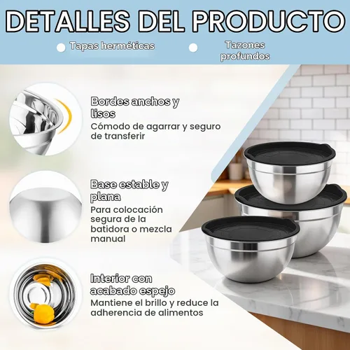 Vista 3 de TeamFar Cuencos para mezclar, 4,6/3 / 1,5 QT, juego de cuencos de ensalada anidables de acero inoxidable con tapas herméticas, para Negro