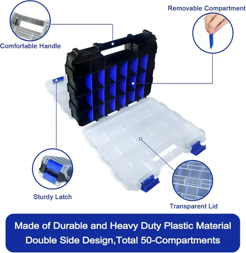 Vista 2 de Caja organizadora de herramientas, caja de almacenamiento de piezas pequeñas, 50 compartimentos, organizadores de hardware de doble cara