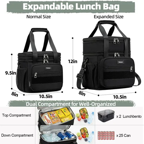 Vista 5 de Weitars Lonchera para hombres y mujeres, lonchera de doble compartimento, resistente, grande, aislada, bolsa de almuerzo táctica duradera con correa