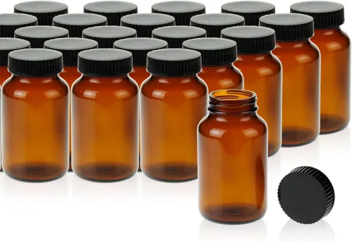 Vista 9 de PEKYBIO Paquete de 24 botellas de vidrio ámbar de boca ancha, capacidad de 3.4 onzas líquidas con tapa de rosca negra para aceites esenciales