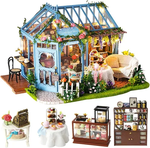 Vista 9 de CUTEBEE Casa de muñecas en miniatura con muebles, kit de casa de muñecas de madera para bricolaje, a prueba de polvo, idea creativa para habitación