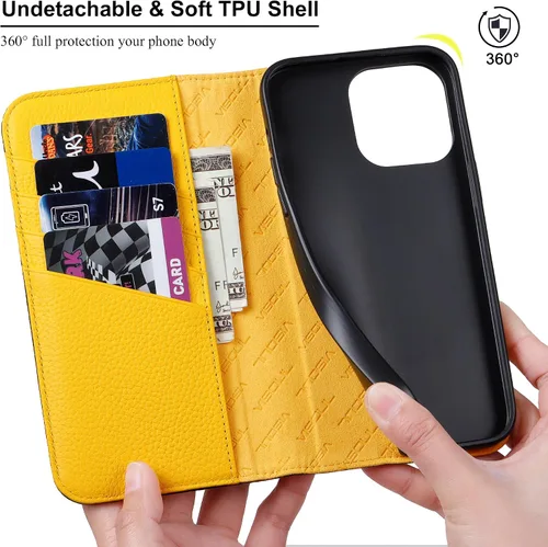 Vista 2 de VISOUL Pebbled - Funda de piel auténtica para iPhone 15 Pro Max con tarjetero y función atril, magnética, para iPhone 15 Pro Max (6.7 pulgadas)