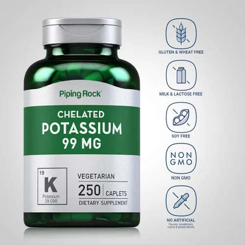 Vista 3 de Piping Rock Suplemento de potasio quelado 99 mg 250 cápsulas Gluconato de potasio Vegetariano, sin OMG, sin gluten