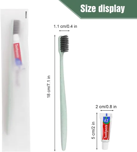 Vista 4 de Xuezoioy Cepillos de dientes desechables con pasta de dientes, paquete de 100 cepillos de dientes desechables verdes envueltos individualmente a