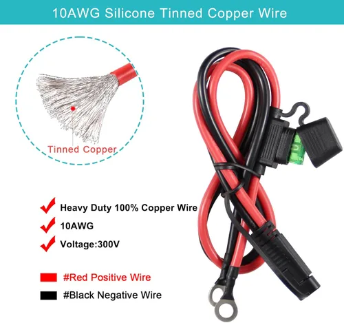 Vista 3 de Arnés de terminal de anillo SAE a O de 2 pies 10AWG – Arnés de terminal de junta tórica de ojal calibre 10 con fusible de 30A, cable de cargador