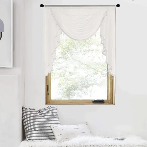 Vista 12 de NICETOWN Cortina de cenefa blanca transparente para sala de estar, cocina estilo granja, cascada, cortinas Victoria pequeñas, cortinas de cuentas