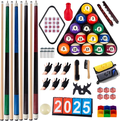 Vista 5 de Billiards Accessory Kit – Pool Cue Sticks, Balls, Triangle Rack, Chalk, Brushes, Gloves & Manual Scoreboard – All-in-One Kit for Home Game Room