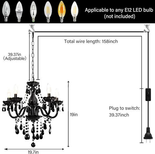 Vista 2 de Candelabro de Cristal Negro Moderno de 5 Luces Lámpara Colgante de Acrílico con Cable Enchufable e Interruptor, 19x19.7 Pulgadas para Isla de Cocina