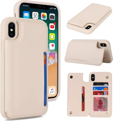 Vista 10 de iCoverCase Compatible con Funda para iPhone XR con Tarjetero, Funda de Teléfono Tipo Cartera para Hombres y Mujeres con Bloqueo RFID de Piel Beige