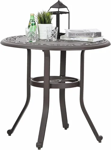 Sophia & William Mesa redonda de aluminio fundido para patio, con agujero para sombrilla de 1.97 pulgadas, mesa de comedor de bronce premium para