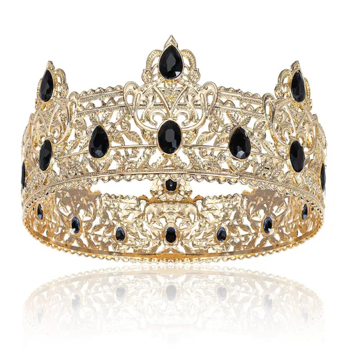 Corona de rey dorada con diamantes de imitación negros, corona de cumpleaños real y boda para cosplay, regreso a casa, baile de graduación,