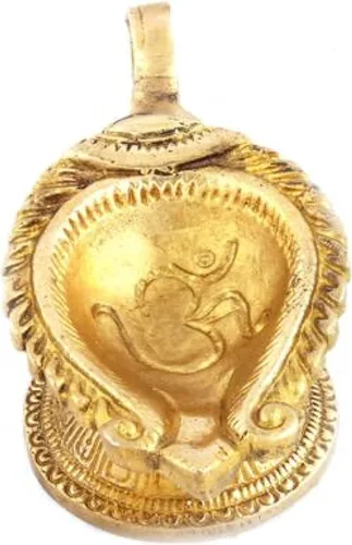 Vista 2 de Diya - Lámpara de aceite con mango OM de latón tallado Diyo de 4.5 pulgadas, latón macizo, acabado antiguo, lámpara de aceite para puja en casa