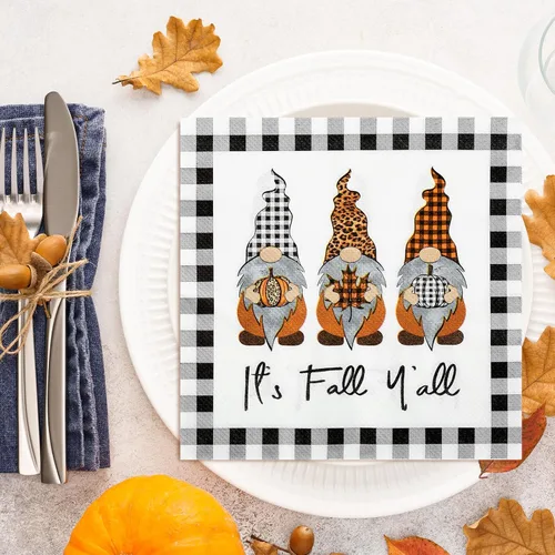 Vista 5 de AnyDesign Paquete de 80 servilletas de papel desechables de otoño con texto en inglés "It's Fall Y'all" Servilletas de almuerzo a cuadros, gnomo