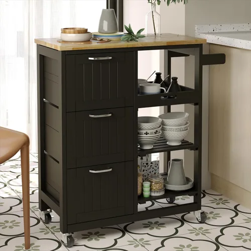 Usinso Carrito de cocina pequeño con almacenamiento, carrito de barra rodante con ruedas con 3 cajones y parte superior de madera maciza, estantes