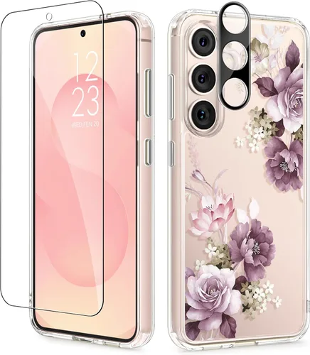 Vista 27 de GVIEWIN Funda protectora para Samsung Galaxy S25, transparente floral, delgada, a prueba de golpes, para mujer, no se pone amarilla, con protector