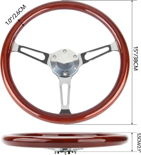 Vista 3 de Volante clásico de 15 pulgadas (380 mm) estilo Grant de grano de madera vintage, volante de madera con botón de bocina de agujero largo