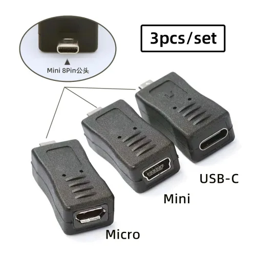 Vista 2 de cablecc 3pccs Mini 8P a USB-C Micro Mini USB Adaptador de Datos de Alimentación Hembra para Cámara