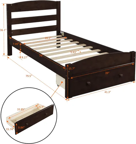 Vista 2 de SOFTSEA Cama de madera de tamaño individual con cajones de almacenamiento, marco de cama de madera maciza moderna de mediados de siglo con cabecero