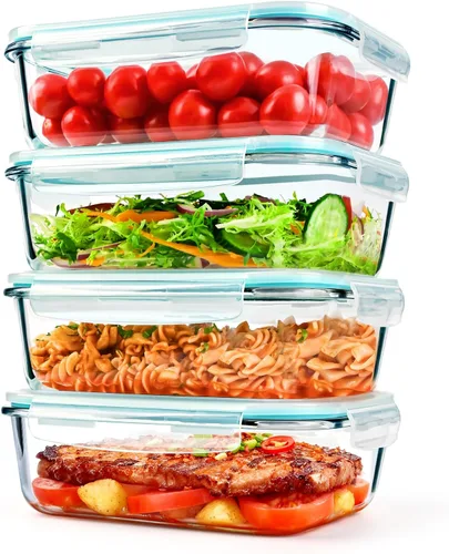 GEHE Paquete de 4 recipientes grandes de vidrio de almacenamiento de alimentos de 52 onzas con tapas, recipientes de vidrio para preparación de