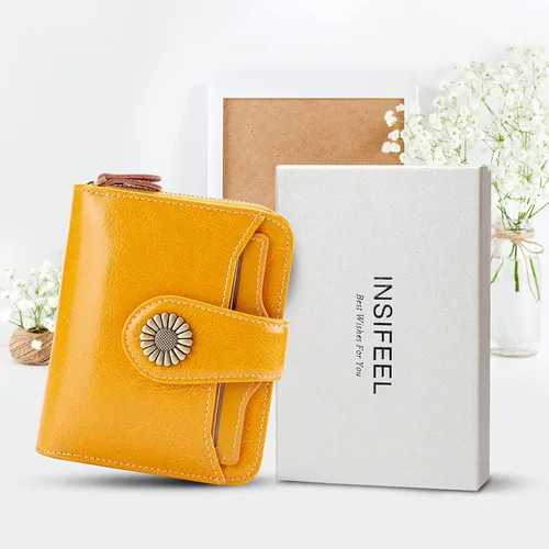 Vista 7 de INSIFEEL Billetera pequeña para mujer, bolso compacto de cuero con bloqueo RFID RFID para mujer, Amarillo, Retro