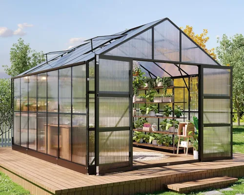 Vista 11 de HOWE Invernaderos de aluminio de 8 x 8 x 7.5 pies para exteriores, invernadero de policarbonato con 2 rejillas de ventilación con puerta abatible