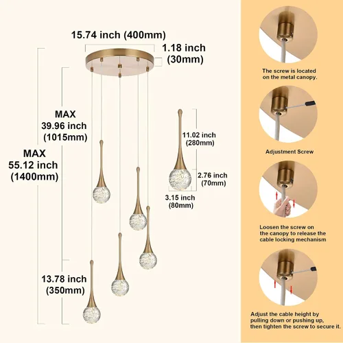 Vista 5 de Candelabro de 5 luces de cristal cepillado dorado, regulable, con forma de gota de lluvia, lámpara colgante en espiral ajustable de lujo