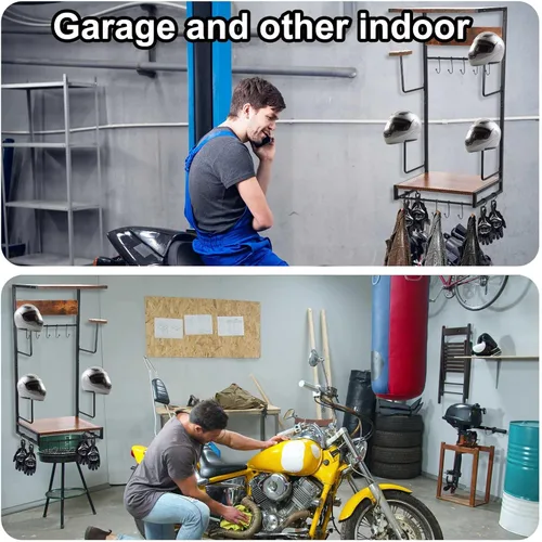 Vista 6 de Soporte para casco de motocicleta, montaje en pared retro para casco de motocicleta y perchero con ganchos, tipo exposición, soporte para casco