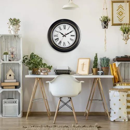 Vista 4 de Bernhard Products Reloj de pared extragrande, 18 pulgadas, marrón oscuro, silencioso de cuarzo, funciona con pilas, sin tictac, número romano