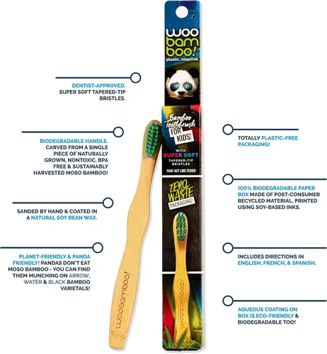 Vista 2 de Woobamboo! Cepillo de dientes de bambú para niños, cerdas de nailon súper suaves sin BPA, ecológico, biodegradable, compostable, vegano