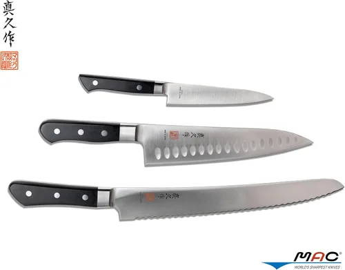 Vista 2 de MAC Juego de cuchillos serie profesional 3 piezas PRO-31, MTH-80 Pro series 8" cuchillo de chef con hoyuelos, PKF-50 Pro serie 5" cuchillo de pelar