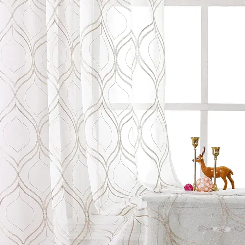 Vista 28 de VISIONTEX Cortinas traslúcidas blancas de 95 pulgadas de largo, juego de 2 paneles de cortinas beige marroquíes bordadas en enrejado, textura