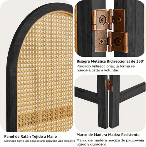 Vista 5 de Divisor de habitación de ratán tejido a mano, 3 paneles, panel divisor de habitación de madera de 5.9 pies de alto, pared divisora de pantalla