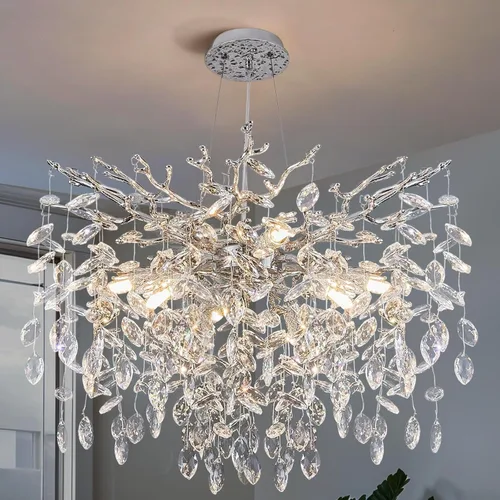 Vista 25 de YUYI 23.6" Candelabro moderno de oro con ramas de árbol de cristal, iluminación redonda de gota de lluvia de 8 luces para comedor, sala de estar