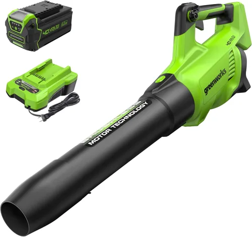 Greenworks Soplador de hojas axial inalámbrico sin escobillas de 40 V (130 MPH 550 CFM75+ herramientas), batería de 4.0 Ah y cargador incluidos