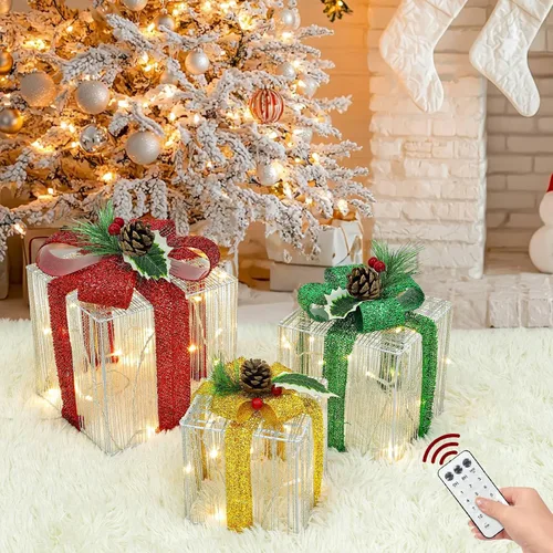 Vista 7 de Cajas de regalo iluminadas de Navidad con control remoto, juego de 3 cajas de regalo de tela con purpurina iluminada con 60 luces de cambio