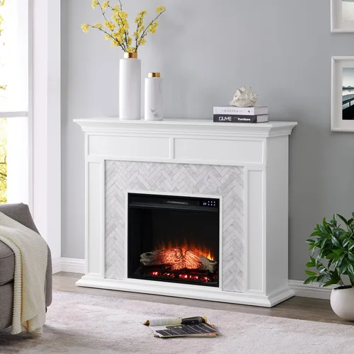 Vista 6 de SEI Furniture Torlington - Chimenea eléctrica con azulejos, blanco, mármol gris, 15 pulgadas de profundidad x 50 pulgadas de ancho x 39 pulgadas