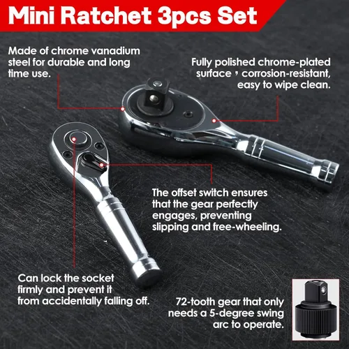 Vista 7 de SPEEDWOX Juego de trinquete Stubby de 3 piezas, herramientas de trinquete de 72 dientes, reversible, de liberación rápida, juego de trinquetes