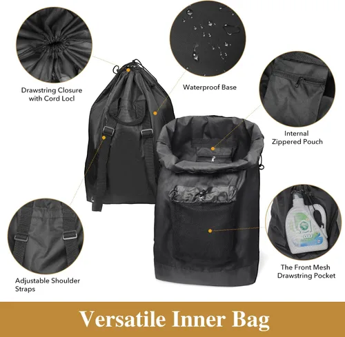 Vista 5 de Foluck Cesta de lavandería 2 en 1 de 60 litros con mochila para la lavandería, cesta impermeable con tapa, bolsa de lavandería con correas