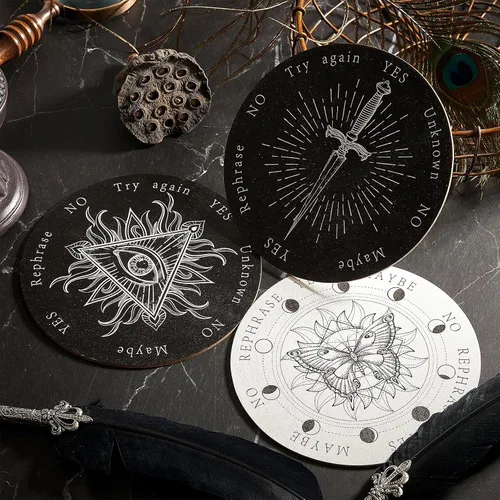Vista 6 de Juego de 8 tablas de péndulo de 6 pulgadas para adivinación, tablero de madera de doble cara, juego de bruja de mensaje metafísico de adivinación