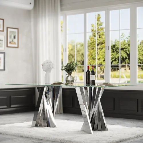 Vista 7 de Mesa de comedor de cristal, mesa de cocina rectangular plateada de Tapa de vidrio templado, base de acero inoxidable con espejo Plateado