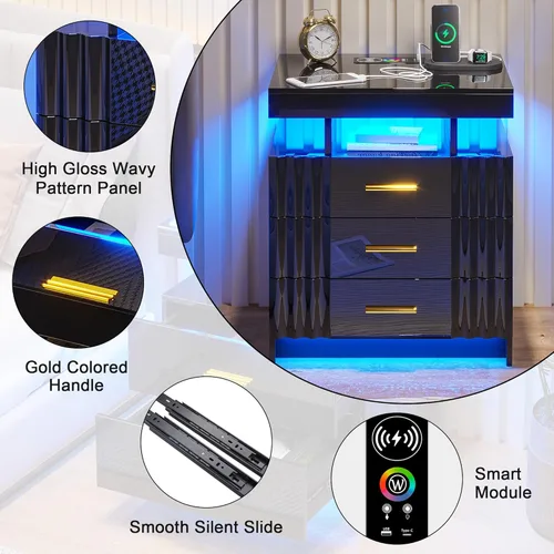 Vista 6 de HNEBC Mesita de noche LED, mesita de noche negra con estación de carga, USB + tipo C + carga inalámbrica, mesita de noche inteligente con sensor
