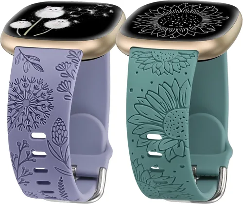 Vista 15 de Minyee Paquete de 2 correas grabadas florales compatibles con Fitbit Versa 4/Versa 3/Sense 2/Sense Band para mujer, lindo diseño de girasol