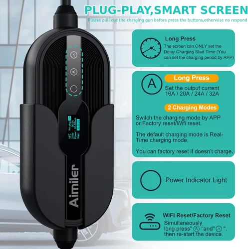 Vista 3 de AIMILER Cargador de Vehículo Eléctrico (EV) Nivel 2 (APLICACIÓN WIFI/Conexión Plug-play), 32A, Cable de 25 pies Certificado ETL, 220V-240V NEMA