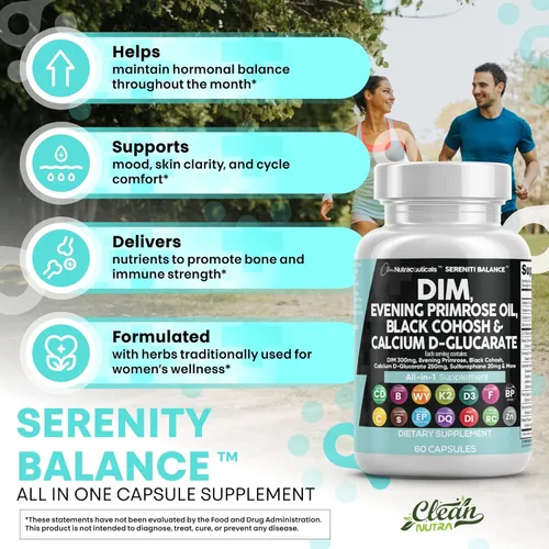 Vista 4 de Clean Nutraceuticals DIM Evening Primrose Black Cohosh Calcio D-Glucarato Sulforafano Extracto de semilla de lino – Vitaminas de apoyo hormonal