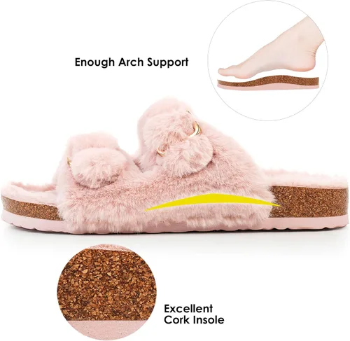 Vista 2 de FITORY Pantuflas de punta abierta para mujer con forro acogedor, sandalias de corcho de piel de conejo sintética, talla 6-11