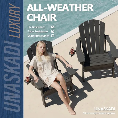 Vista 5 de Folding Adirondack Chair Set of 2 with Cup Holder & Ottoman, HDPE All Weather Resistant Plastic Outdoor Patio Chairs, Heavy Duty Fire Pit Seating