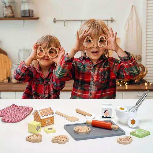 Vista 4 de PairPear Casa de Jengibre Juego de Hornear – Kit de Hornear Galletas de Navidad de Madera de 29 Piezas, Juguete 3D de Comida de Juego de Galletas