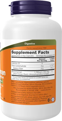 Vista 2 de NOW Foods Suplementos, Glucomanano (Amorphophallus konjac) 575 mg, Apoya Regularidad*, Control de Peso Saludable*, 180 Cápsulas Vegetales
